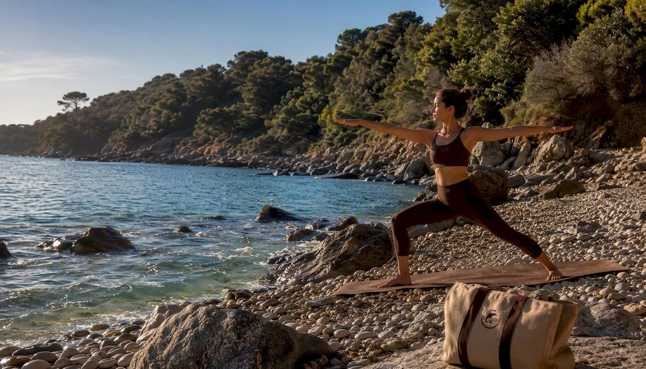 Una donna si dedica alla sua pratica di yoga al mattino presto, immersa nella tranquillità di una spiaggia rocciosa sull’Isola d’Elba.