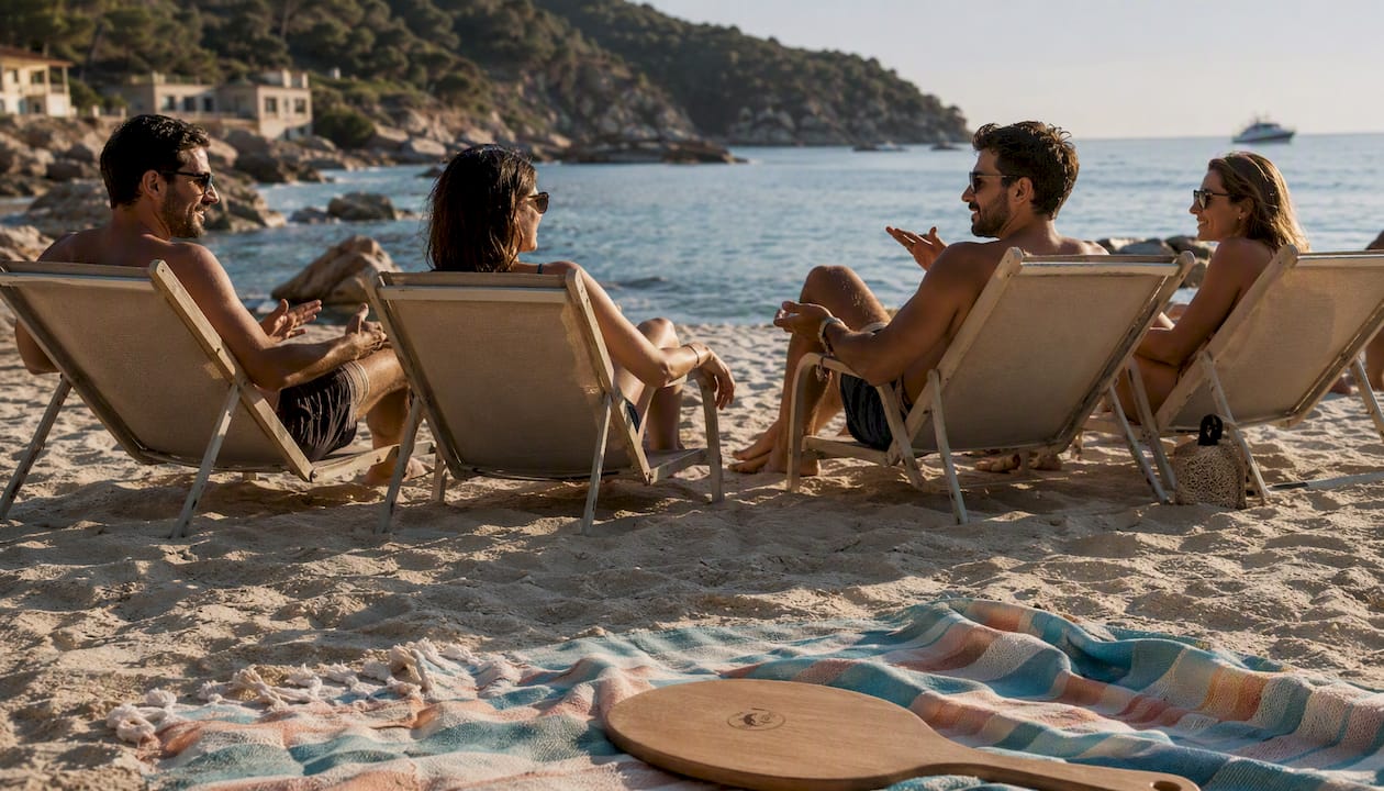 Una splendida giornata di sole sulla spiaggia dell’Isola d’Elba, dove le coppie si godono momenti di relax tra mare cristallino e sabbia dorata.