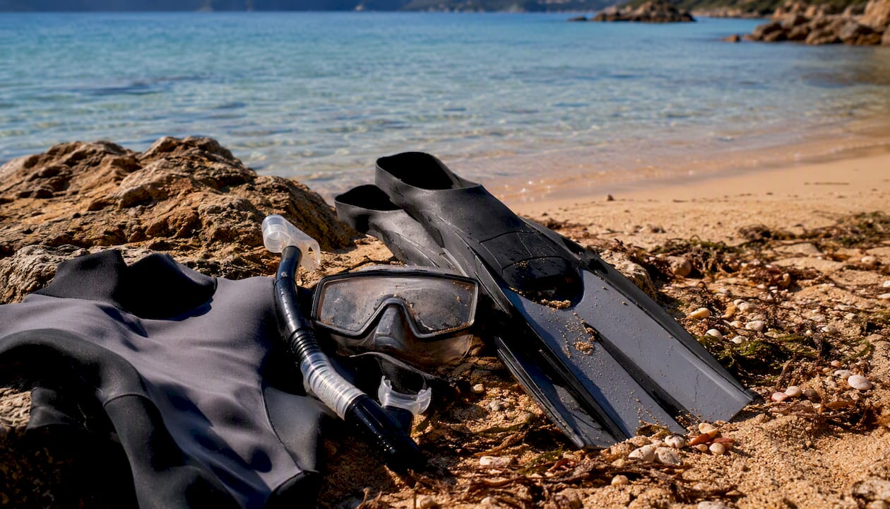 Attrezzatura da sub appoggiata sulla sabbia di una spiaggia dell’Elba