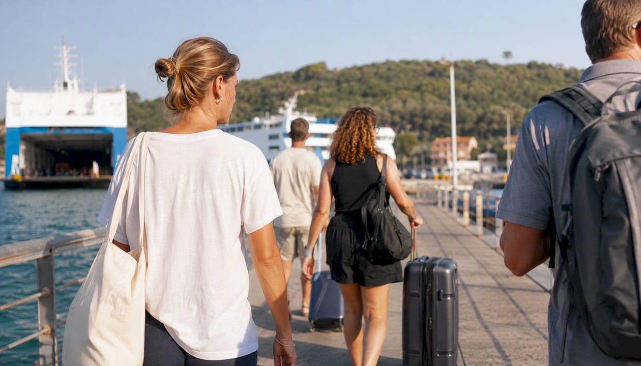 I viaggiatori che sbarcano all’Isola d’Elba dal traghetto