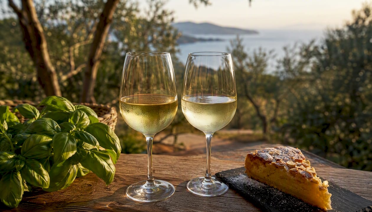 Due calici di vino bianco dell’Elba accompagnati da dolcetti tipici locali
