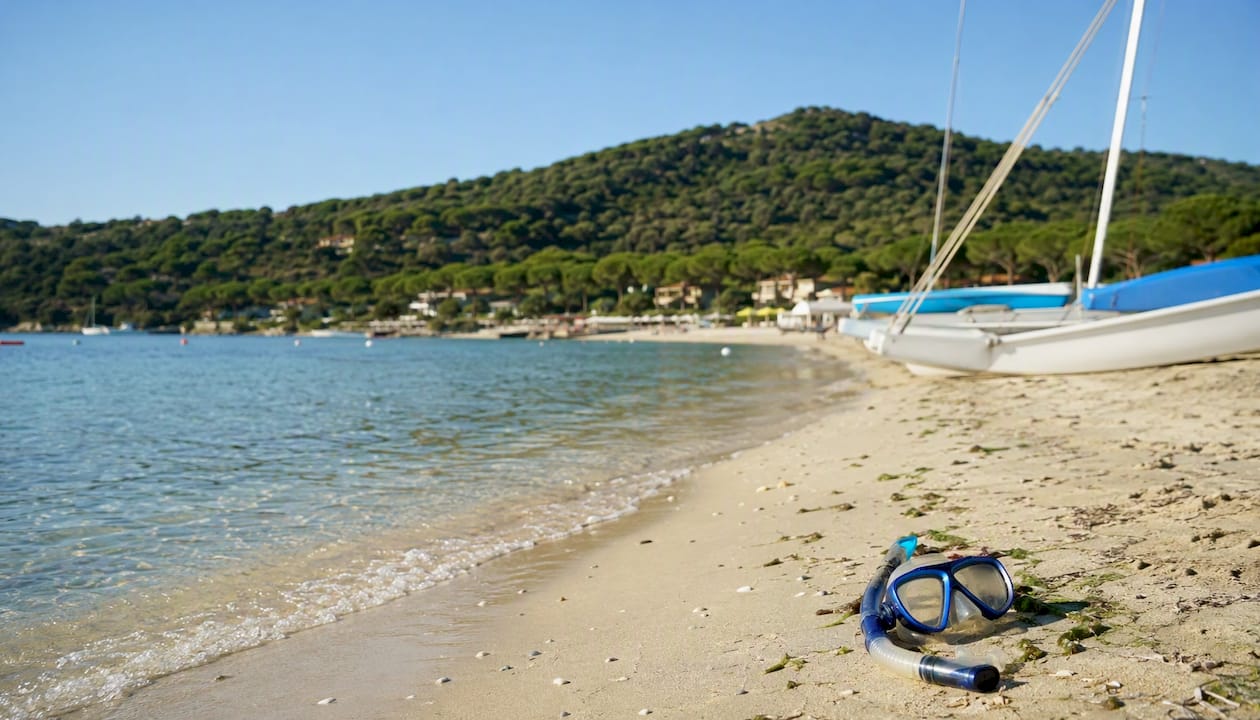 Attrezzatura per vela e snorkeling per bambini disponibile sulla spiaggia con fondali bassi.
