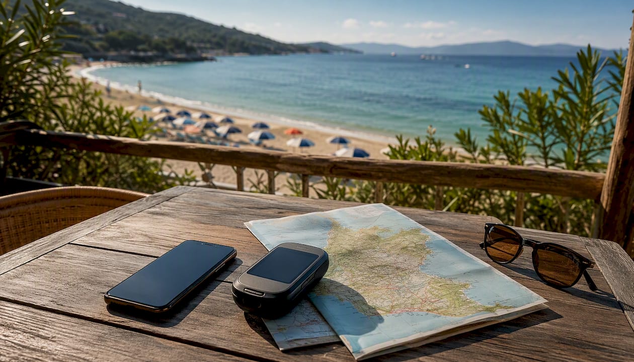 Un dispositivo GPS e una mappa sono appoggiati sul tavolo, proprio vicino alla spiaggia dell’Elba, pronti per pianificare una nuova avventura.