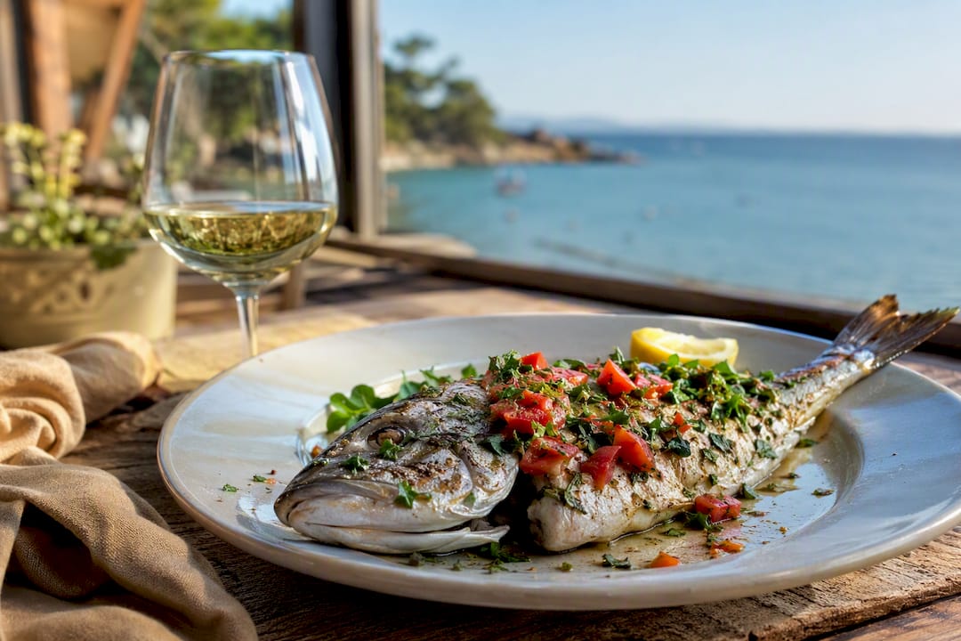 Un piatto di pesce fresco accompagnato da un buon calice di vino, da gustare in uno dei migliori ristoranti dell’Isola d’Elba.