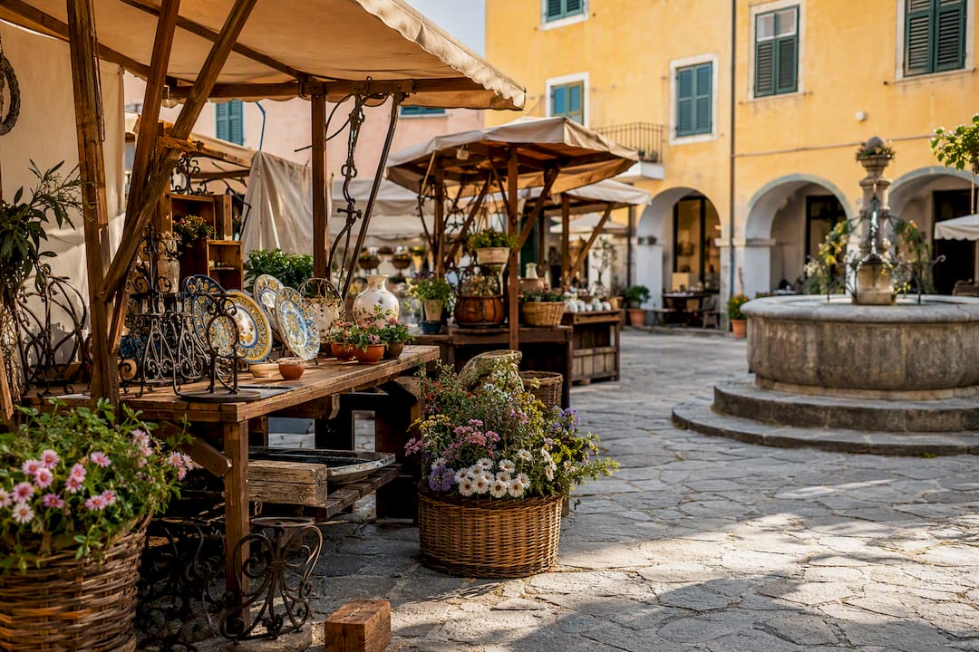Mercato artigianale primaverile all'Isola d'Elba con bancarelle di prodotti fatti a mano